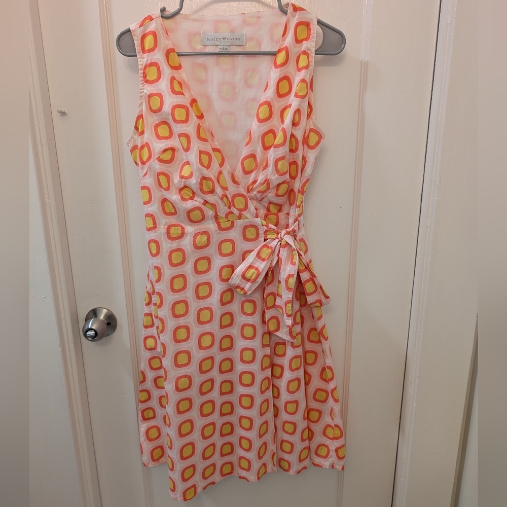 Lesley Evers Wrap Dress 100% Cotton Geometric Mod Colorful Tie V-neck Size M